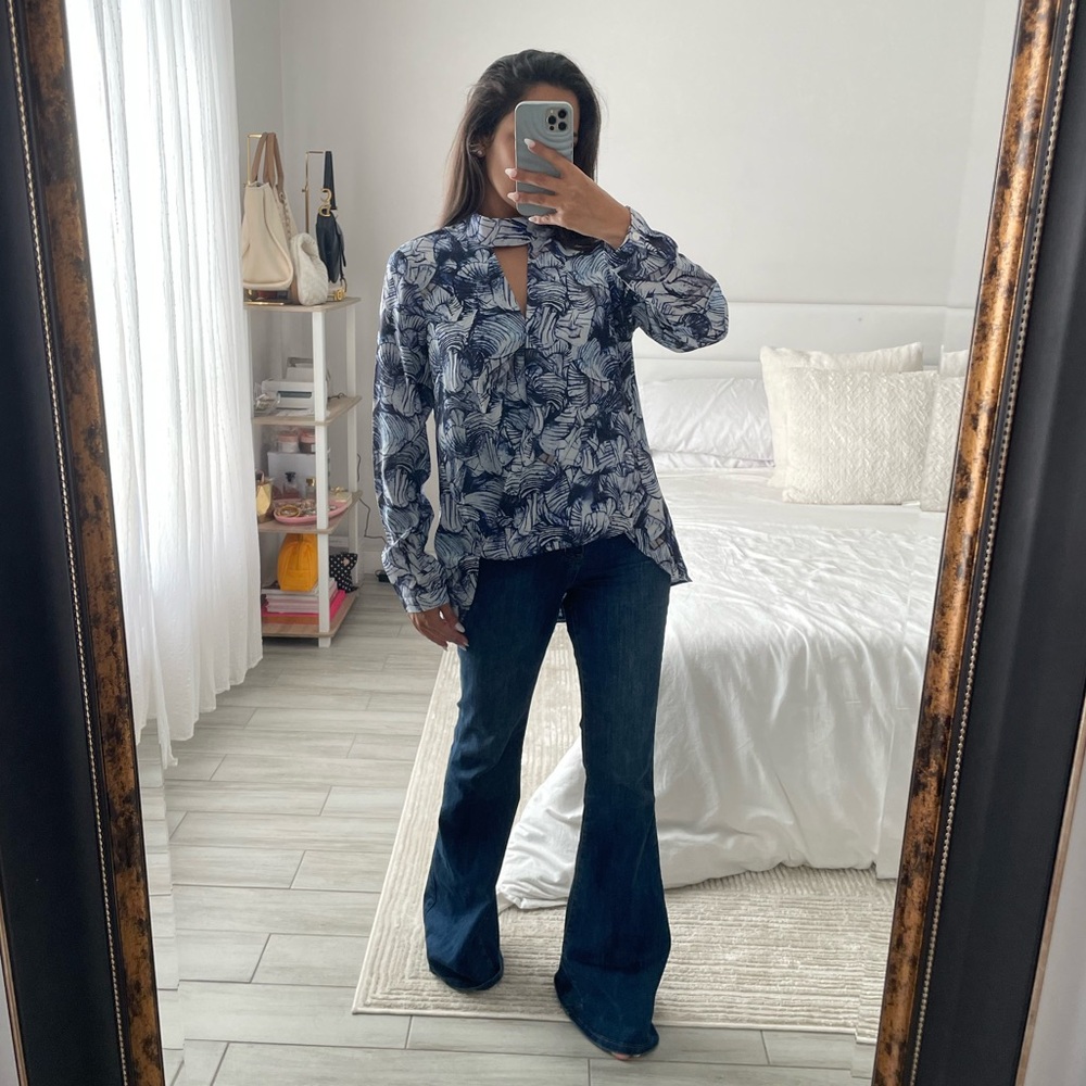 AZAI Blue & White Leaf Print Tie-Neck Blouse | Long Sleeve Floral Top | Medium